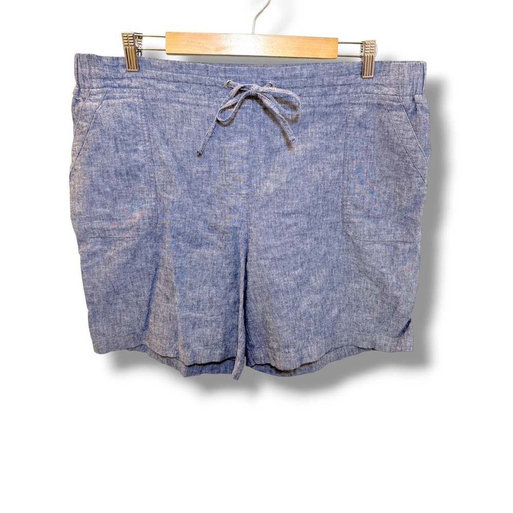 Talbots Linen Blend Pull On Shorts Womens 16 Blue Chambray Drawstring Pockets
